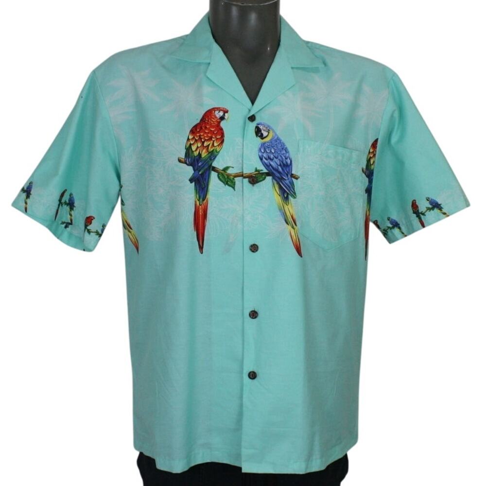 Ky’s Hawaiian Shirt Mens M Parrot Aloha Made in Hawaii Cotton Border